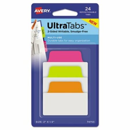 AVERY DENNISON Avery, ULTRA TABS REPOSITIONABLE STANDARD TABS, 1/5-CUT TABS, ASSORTED NEON, 2in WIDE, 24PK 74753